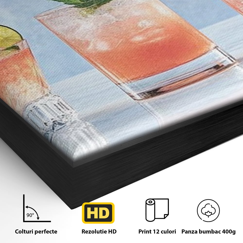 Detaliu al suprafetei: tablou canvas cu cinci pahare de cocktail, in rama de aluminiu negru